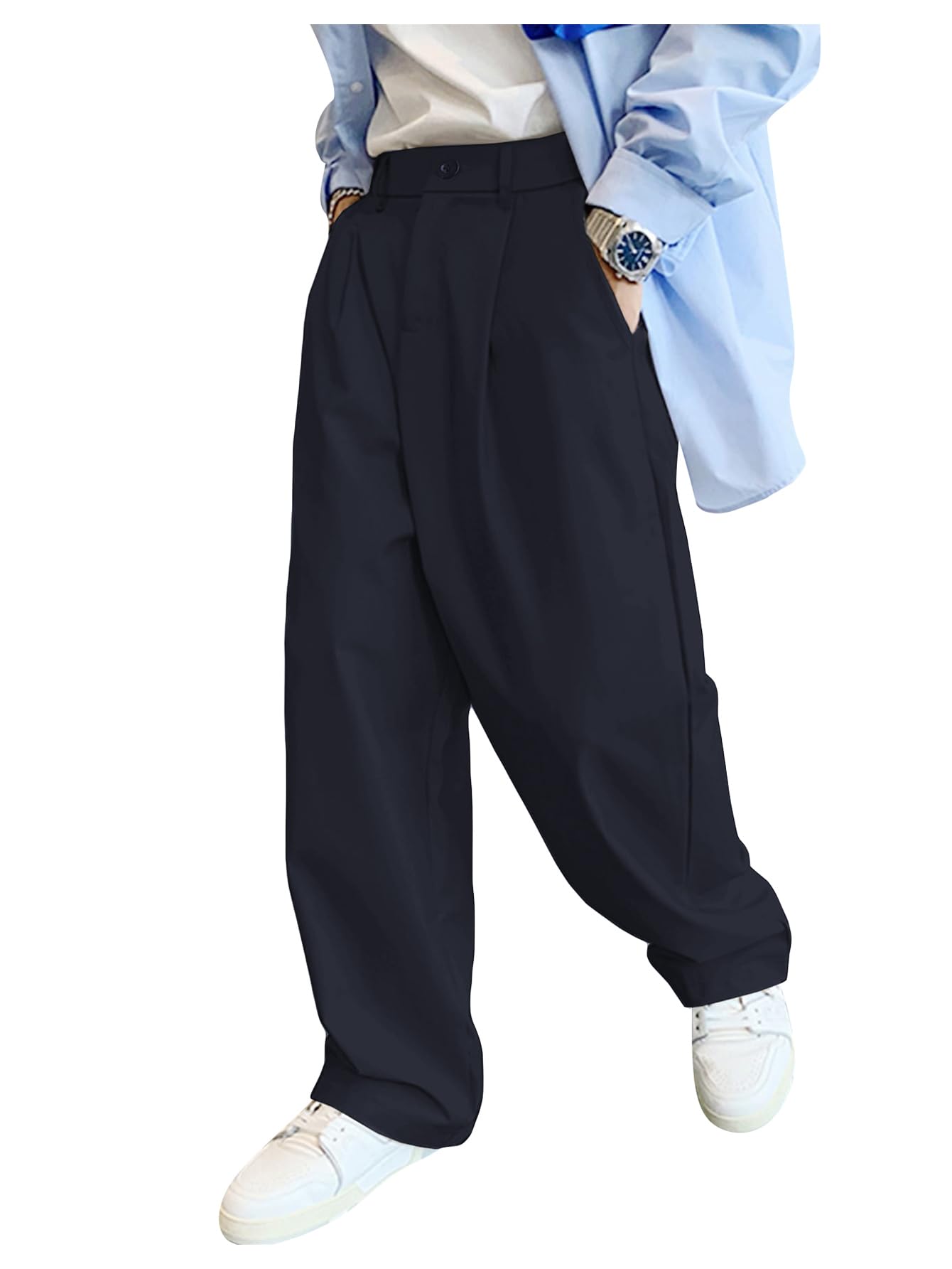 Verdusa Mens Slacks Wide Leg Baggy Dress Pants Casual Lightweight Trousers with Pockets
