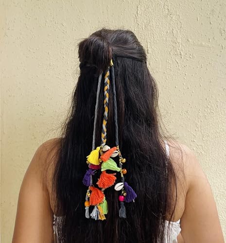 Image of Zippy Flora Boho Handmade Colorful Hair Strings for Navratri /Ethnic Look /Bohemian Styling, Colorful Braided Hairband, Thread Hair Accessories & Extensions (Shoulder Length (12-14 inch), Grey)