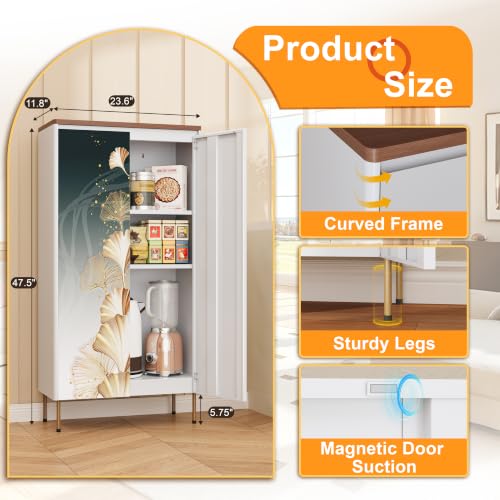 Image of 47 inch Metal Pantry Cabinet,White Kitchen Pantry Cabinets with Doors | Small Freestanding Storage Cabinet with Adjustable Shelves,Modern Cabinet for Living Room, Kitchen,Dining,Leaf Pattern