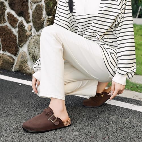 Image of Suede Clogs for Men Soft Cork Footbed Women's Clogs Mules with Arch Support, Adjustable Buckle Comfort Leather Potato Shoes, Slip-On Closed Toe Slippers
