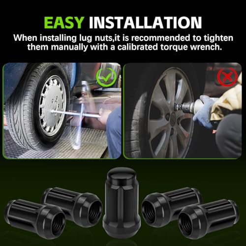 Image of 1 /2 x 20 Black Lug Nuts, 1 /2''-20 Closed End Bulge Acorn Lug Nut Set with 1 Lug Nut Key, Conical Seat 60 Degree for 1974-2001 Cherokee,1966-1983 CJ5,1993-2010 Grand Cherokee
