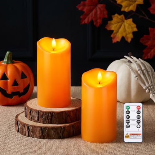 Image of Raycare 6 inchx3 inch Outdoor Waterproof Flameless Candles with Remote and Timer, Battery Operated LED Electric Fake Pillar Candle for Halloween Home Wedding Decor, Orange, Set of 2