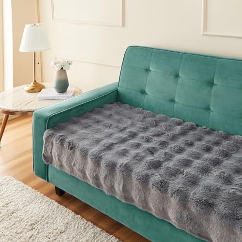 Image of Amazon Basics Plush Velvet Sofa Cover for 3 Seater, Bubble Surface, Non-Slip Sofa Pad, 70x180 cm, Soft Silicone Grip Dots, 100% Polyester, Machine Washable - Dark Grey