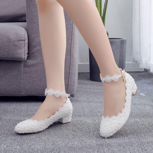 Women Lace Bridal Low Heel Shoes Pearl Floral Lace Ankle Strap Chunky Comfortable Round Closed Toe for Dress Wedding Prom Party4