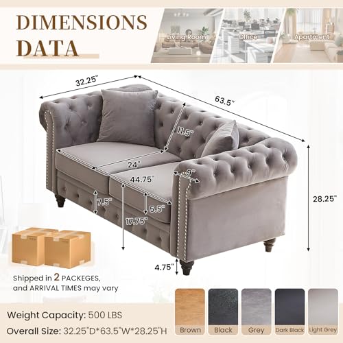 Image of Mid Century Modern Loveseat Sofa, 63.5 inchW Velvet Fabric Button Tufted Small Couch with Nailhead Trim & Roll Armrest, Upholstered Comfy Chesterfield Sofa for Living Room, Office(2 Seater, Light Grey)