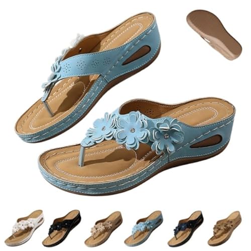Orthopedic Wedge Flower Flip Flops Sandals with Arch Support Wide Width Sandals Casual Boho Beach Vintage Thong Slippers (Sky Bl