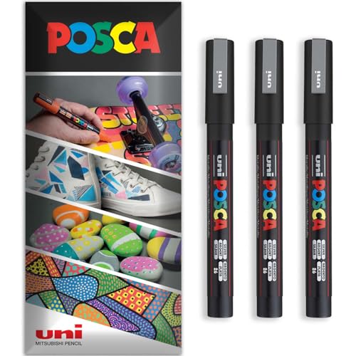 Posca - Rotulador permanente a base de agua, multiuso en superficies, PC-3M, paquete de 3 bolígrafos en cartera (plateado)
