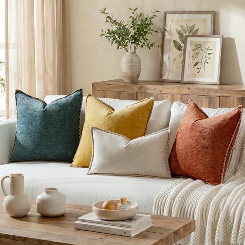 Image of a moment Pack of 2 Decorative Chenille Throw Pillow Covers with Twill Cushion Covers for Sofa Living Room Couch Bed 20x20 Inch,Crafted Border Rust