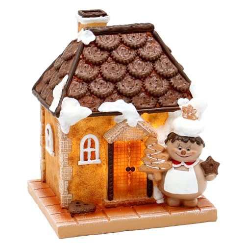 Dekohelden24 Casa de Jengibre de cerámica con Panadero de Navidad y Pan de Jengibre en Blanco/marrón, para Funcionamiento con Pilas, 13 x 11 x 16 cm, casa