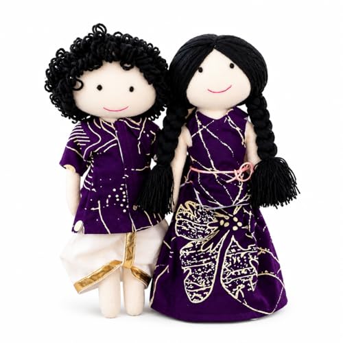 Image of Violet Couple Handcrafted Indian Rag Doll Set of 2, Soft Cotton Fabric & Yarn Hair Traditional South Indian Cloth Dolls, Handmade Fabric Dolls for Decor & Gift (Set of 2)
