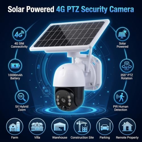 Image of HANUTECH 4G Solar PTZ Camera with 4G Surveillance and Security Features Includes Night Vision, PIR Detection and 4MP Fixed Lens with 5X Hybrid Zoom-1 Year Warranty
