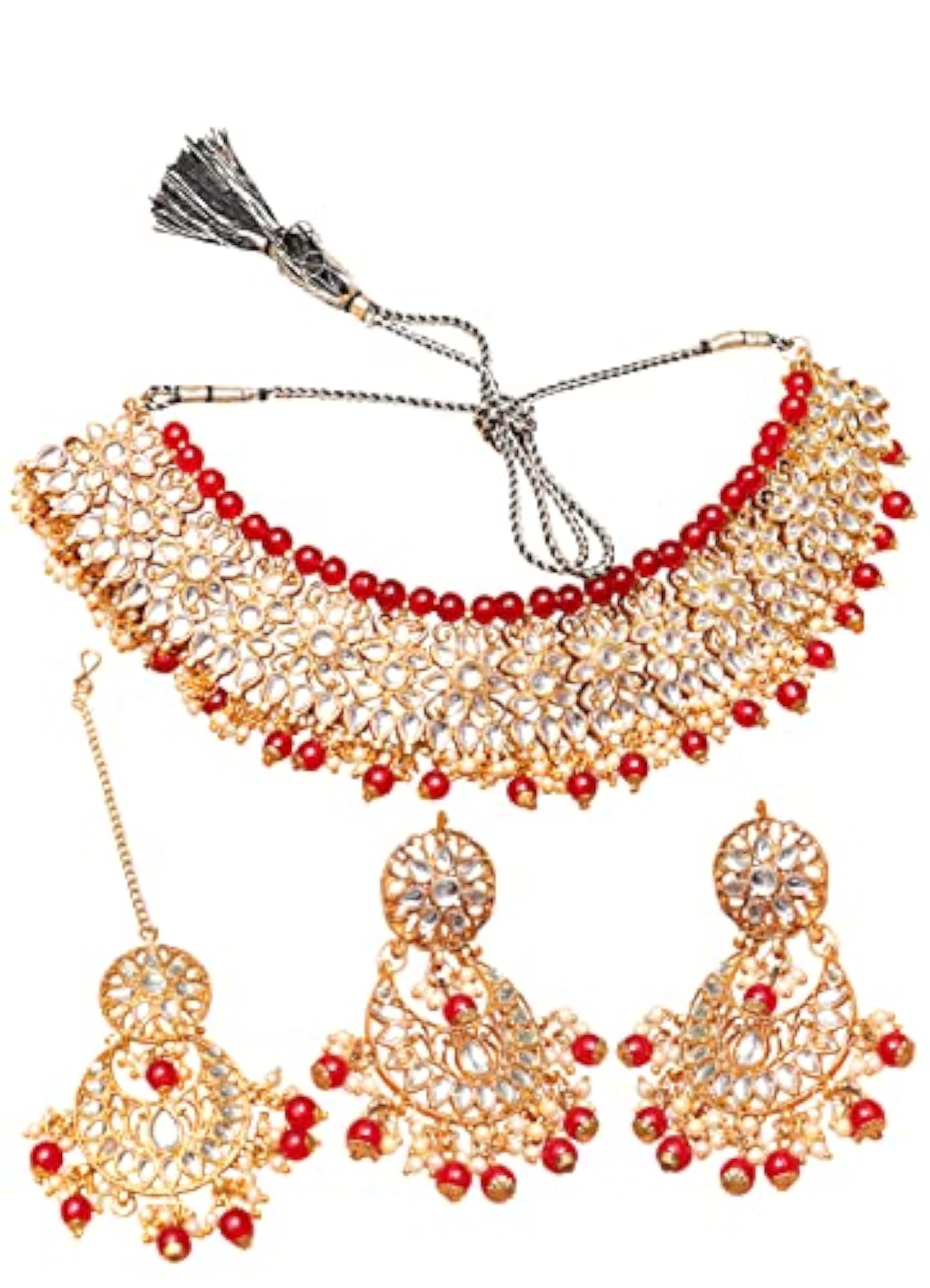 Women's Gold-Tone Kundan Choker Necklace Set with Red Beads