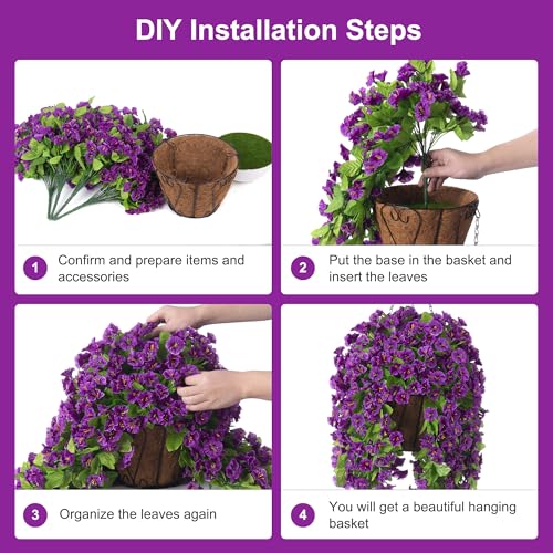 Image of Ammyoo Artificial Faux Hanging Flowers Basket for Spring Outdoor Decor | Fake Silk Colorful Morning Glory Eucalyptus in Planter UV Resistant Look Real for Summer Home Balcony Porch Yard(Darkorchid)