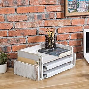 MyGift 3 Tier Shabby Whitewashed Wood Office Desktop Document Tray Mail Sorter