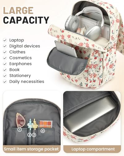Image of Corduroy Laptop Backpack for Women, Fits 15.6 Inch Computer Bag, College High School Bookbag Travel Daypack Purse, Work Business Bags - Beige Corduroy Flowers Pink