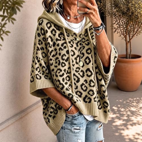 Sweaters for Women Oversized Leopard Print 3/4 Sleeve Hooded Knit Pullover - image 4