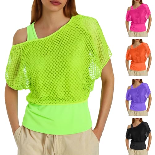 Haut en maille fluo pour femme - T-shirt en maille - Costume des années 70 et 80 - T-shirt à manches courtes - T-shirt aérobic, rave, fête, carnaval, fête...