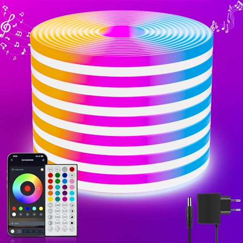 Neon Led Strip 10M RGB, Led Streifen mit APP Steuerung Fernbedienung, IP65 Outdoor Wasserdichte Flexible LeD Leiste, 24V LED Band Lichtschlauch Außen Innen Musik Sync DIY für Zimmer Raum Wand Gaming
