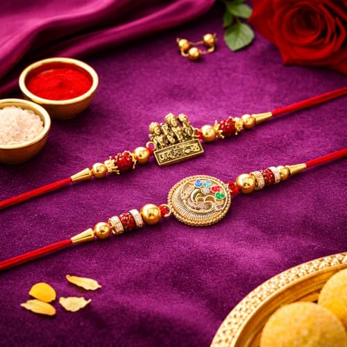 Image of Jaipur Ace Designer Kundan Rakhi with Lumba for Bhaiya Bhabhi | Premium Raksha Bandhan Thread for Brother & Sister-in-Law | Fancy Stone Work Bracelet with Tassel | Traditional Festival Gift (SET OF 3)