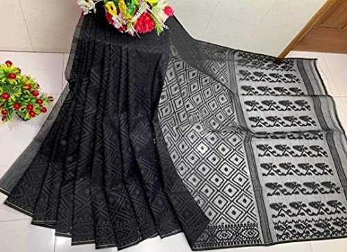 Dhakai sari jamdani tejido a mano de lujo en algodón suave color negro 2
