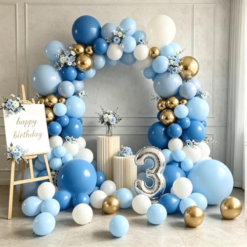 Image of Zesliwy Dusty Blue White Gold Balloons Arch Kit, Latex, Party Decoration