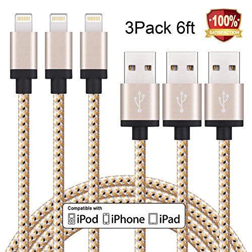 Sundix iPhone Charger 3Pack 6FT Lightning to USB Braided Cable with Aluminum Connector Compatible with iPhone 7/ 7Plus/ 6/ 6S/ 6 Plus/ 6S Plus, 5C/5S/5, iPad/iPod(Golden)