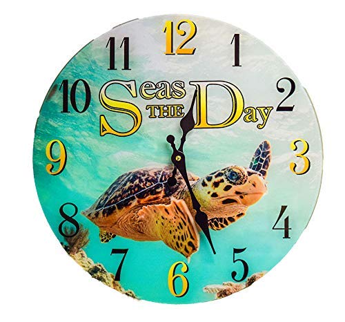 New 13"X 13" Seas The Day Turtle Glass Wall Clock Home Wall Decor Marine Coastal Nautical #TOP18