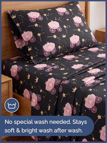 Image of Kids Twin Size Princess Carriage Bed Sheets - 3 Piece Kids Sheet Set | Princess Carriage Themed Bedding, Ultra-Soft, Cute & Cozy, Breathable & Machine Washable, Bed Set for Boys, Girls & Teens