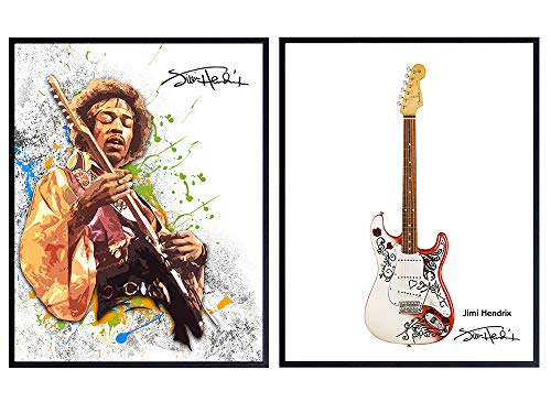 Jimmy Hendrix and Guitar Wall Art Print Poster Set - Inexpensive Gift for Musicians and 60's, Sixties Music Fans - Unique Home Decor for Den, Man Cave, Rec, Game, Family Room - 2-8x10 Photos Unframed