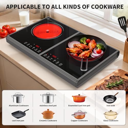 Image of GIHETKUT Electric Cooktop,110V 3600W Stove top, 20 inch Countertop with 9 Power Levels,LED touch control,Overheat Protection,Child Safety Lock & Timer,touch control 2 burner Electric cooktop