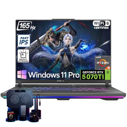 ASUS ROG Strix-G16 Gaming Laptop - AMD Ryzen 9 8940HX (Up to 5.3 GHz), NVIDIA GeForce RTX 5070 Ti, 16' 165Hz 300 nits Display, 32GB DDR5 RAM, 1TB SSD, WiFi 6E, Backlit KB, Win11 Pro, with Accessories