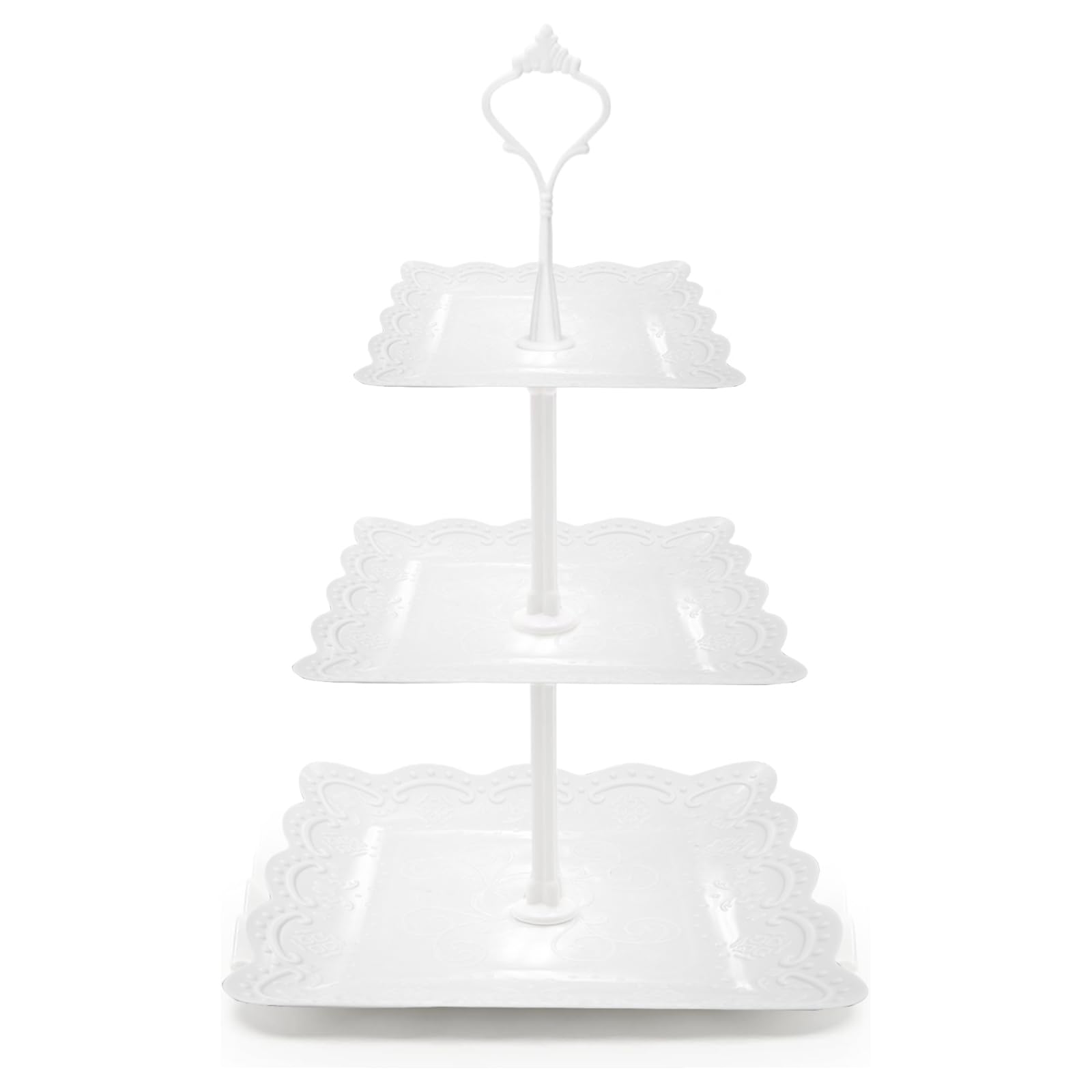 CNDNO 3 Tier Cupcake Stand, Durable Plastic 3 Tier Serving Tray for Cupcake, Fruit, Chocolate, Cookies, Square White Embossed Tiered Tray Stand for Wedding, Baby Shower, Party