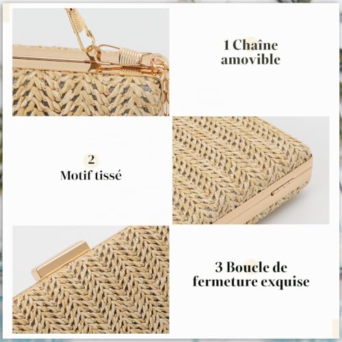 EVEOUT Clutches en paille pour femme Sac de mariage fête avec chaîne Sac bandoulière en raphia tissé pour plage vacances, Coloris naturel, 20 cm x 12.5 cm x 4 cm, Embrayage – vue 6