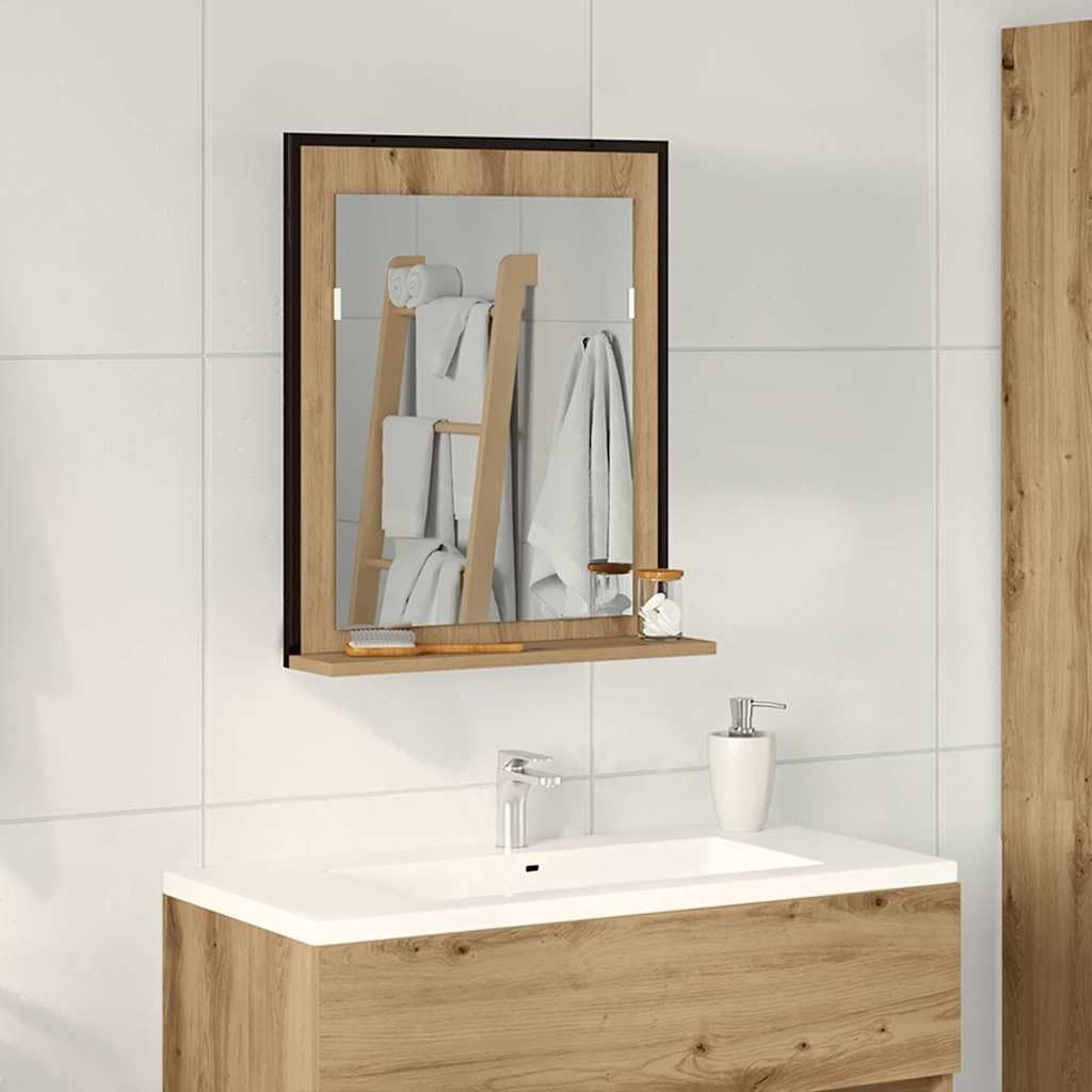 Miroir en chêne mural de 50x60 cm avec étagère en bois pour une salle de bain moderne et organisée