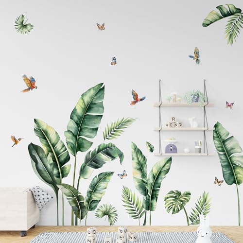 Tropical Wall Decals, Palm Leaves & Banana Leaf Wall Stickers, Nature Green Plants with Birds for Bedroom, Living Room, Office & Bathroom, Removable DIY Wall Art for Home Décor