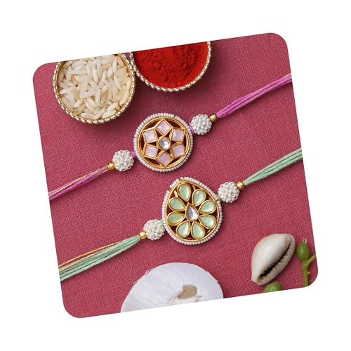 Image of eCraftIndia Set of 2 Kundan Beads Beautiful Peacock Designer Rakhis with Roli Chawal Pack
