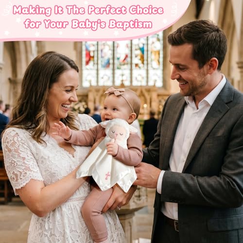 Image of Lamb Baptism Blanket, Lamb Loveys for Baby Girls, Security Blanket with Embroidered Pink Cross, Soft Baby Blanket for Newborns Toddlers, Baptism Gifts for Christening Baby Showers, 12in
