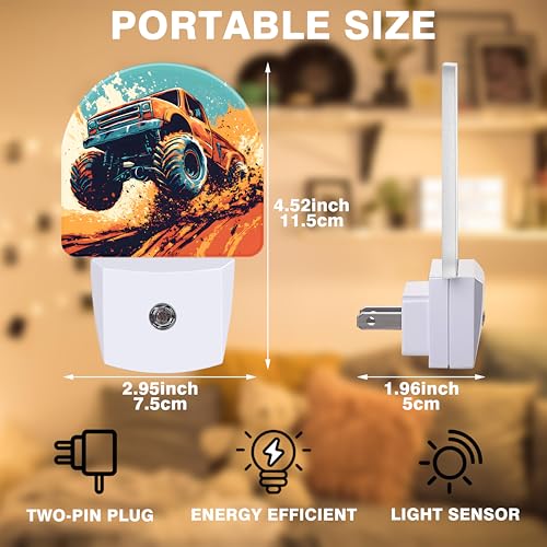 Image of Night Lights Plug into Wall Cartoon Monster Truck Night Light Dusk to Dawn Smart Sensor Decorative Round Led Lamp for Bedroom Kitchen Hallway Nightlight for Women Men