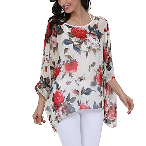 Image of Ckikiou Plus Size Batwing Flowy Semi Sheer Chiffon Blouse Tunic for Women Summer Floral Print Boho Beach Cover ups