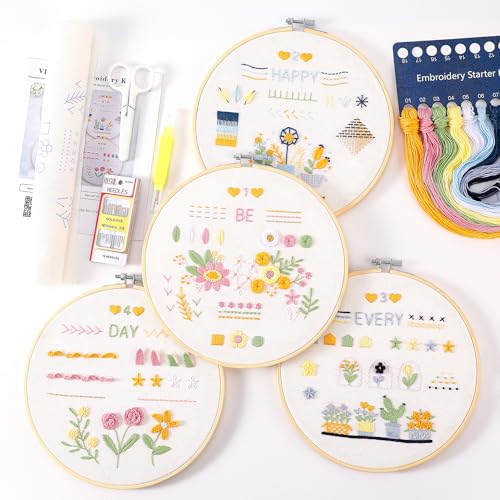 VIVIDOX 4 Sets Embroidery Kit for Beginners Adults, 25 Stitches Practice Kits Cross Stitch for Starter, DIY Hand Craft with Stamped Pattern, Bamboo Hoop, Threads, Scissors, Tools, Instruction