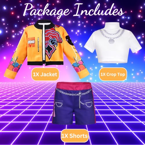 Image of Wanna Party Korean Pop Band Theme Rumi Costume for Girls Size L | Yellow Orange & Navy Idol Outfit Set with Jacket & Shorts | Kids Pop Star Fancy Dress for Dance, Stage, Halloween & Theme Parties