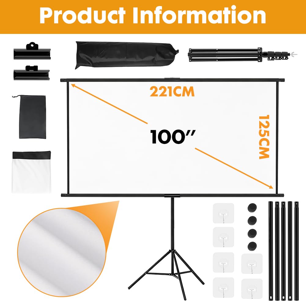 Gohytal Beamer Leinwand mit Stativ 100 Zoll, Tragbar Projektor Leinwand 16:9, 4K HD ProjektionLeinwand mit Stativ Höhenverstellbar für Heimkino, Innen Außen Filme Tagungsraum Hochzeiten
