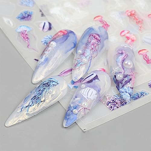 Puyokinm PUYOKINM-12 Summer Nail Art Stickers Ocean Nail Art Decals 3D Self-Adhesive Diy Nail Sticker Palm Tree Sea Beach Cloud Jellyfish Starfish Nail Supplies thumb #8