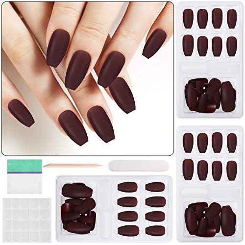 72pcs False Nails Matte Coffin Ballerina Press on Nail Artificial Fake Fingernail Long Medium Wine Red Full Cover Nail Kit in 3 Boxes with Nail Glue Stick File for Nail Art Salon DIY Decoration
