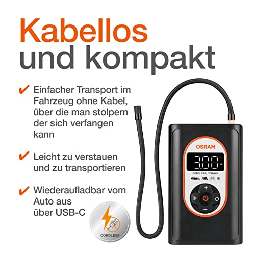 OSRAM TYREinflate 4000, wiederaufladbarer und kabelloser Reifenfüller, programmierbarer digitaler Luftkompressor mit Auto-Stopp und… – Ansicht 3