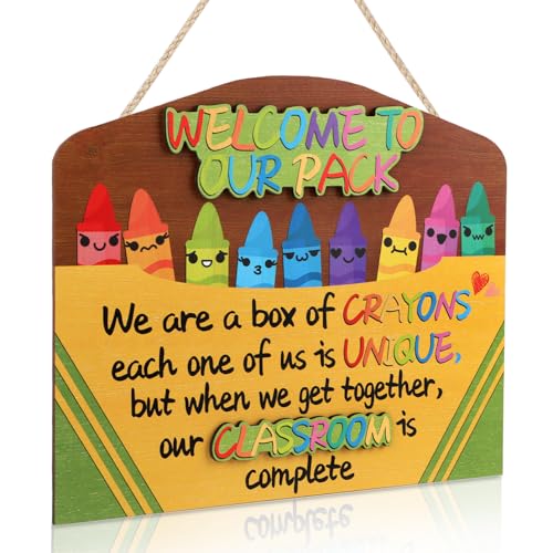 Image of HPNIUB Colorful Crayon Welcome Door Sign Decor(11.4 inchX9.5 inch) Inspirational Quote Welcome To Our Pack Wall Art, Multicolor Cartoon Back To School Positive Wooden Plaque for Classroom Nursery
