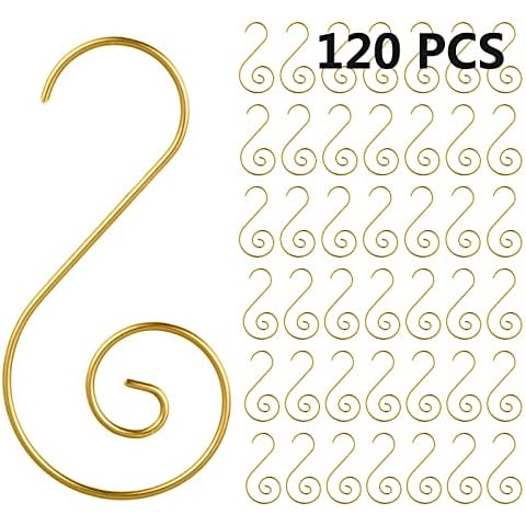 MEETCUTE 120 PCS Christmas Ornament Hooks - 2" Long Christmas Tree Decorating Metal Wire S-Shape Spiral Christmas Holiday Ornament Hanger Hooks for Hanging Decorations (120pcs Gold) Cover