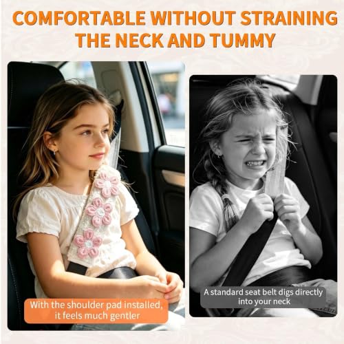 Image of Cute Pink Flower Seat Belt Cover Pads for Women Girls - Soft Plush Seatbelt Cushion, Fun Car Accessories (2, Pink Flower Black Oxford Pad)