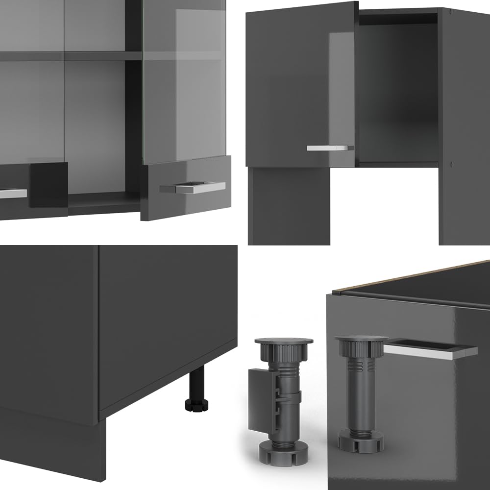 Vicco Cuisine en Angle R-Line Anthracite Haute Brillance 247x46cm sans PT