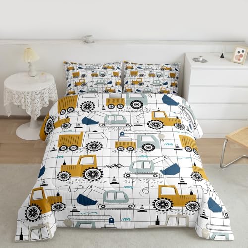 Feelyou - Feelyou Construction Comforter Set Queen Size Kids Excavator Tractor Toddler Comforter Cartoon Car Equipment Trucks Plaid Grid Comforter Set Construction Vehicles White Yellow Duvet Set